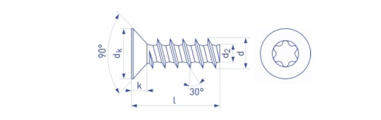 Wkręt do tworzyw z łbem stożkowym Torx TX ocynk biały
