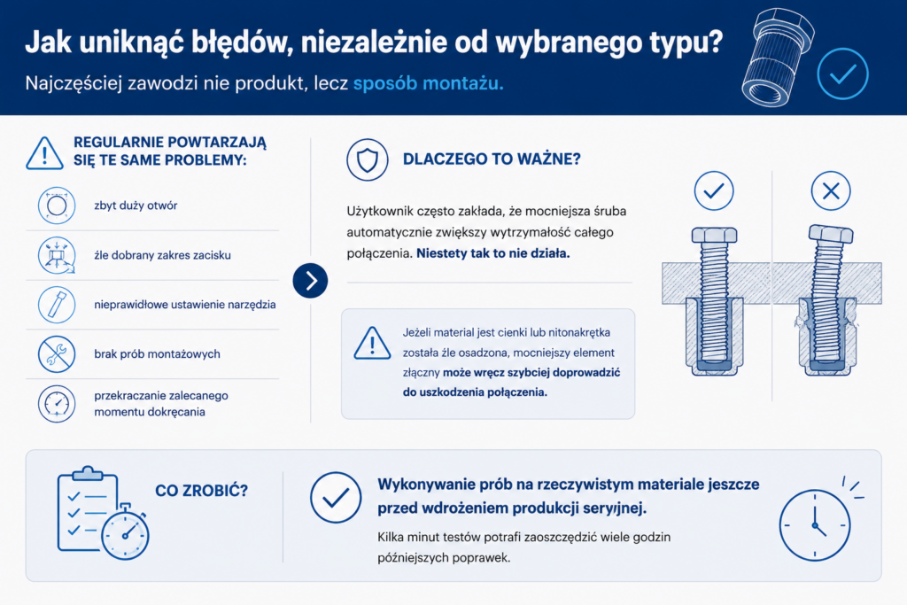 Błędy montażowe przy nitonakrętkach cylindrycznych i sześciokątnych